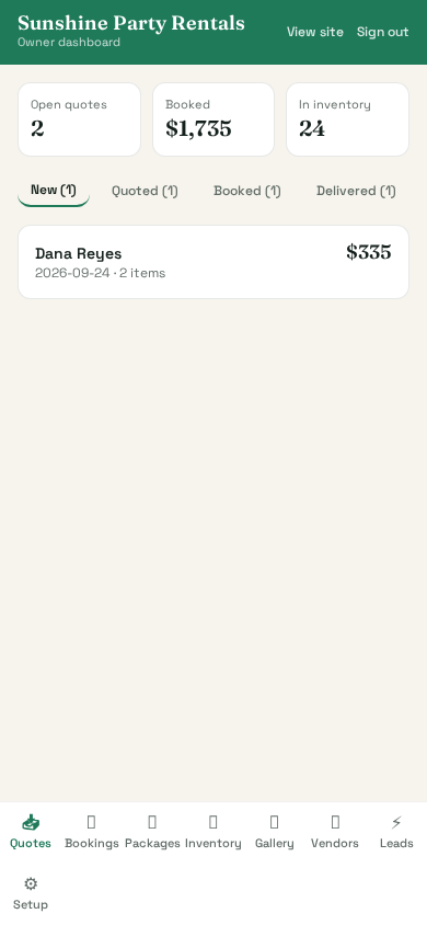 RentalKit owner dashboard showing sample quotes and bookings