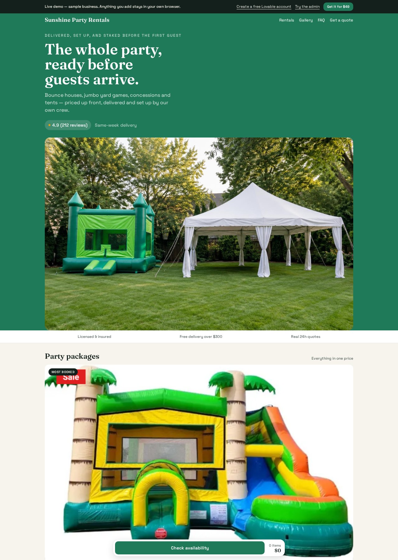 Sunshine Party Rentals demo storefront with party packages